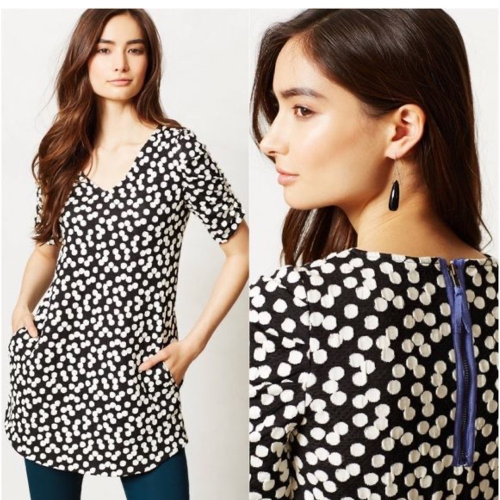 Anthropologie Deletra Black and White Polka Dot Ruched Sleeve Tunic/Mini Size L